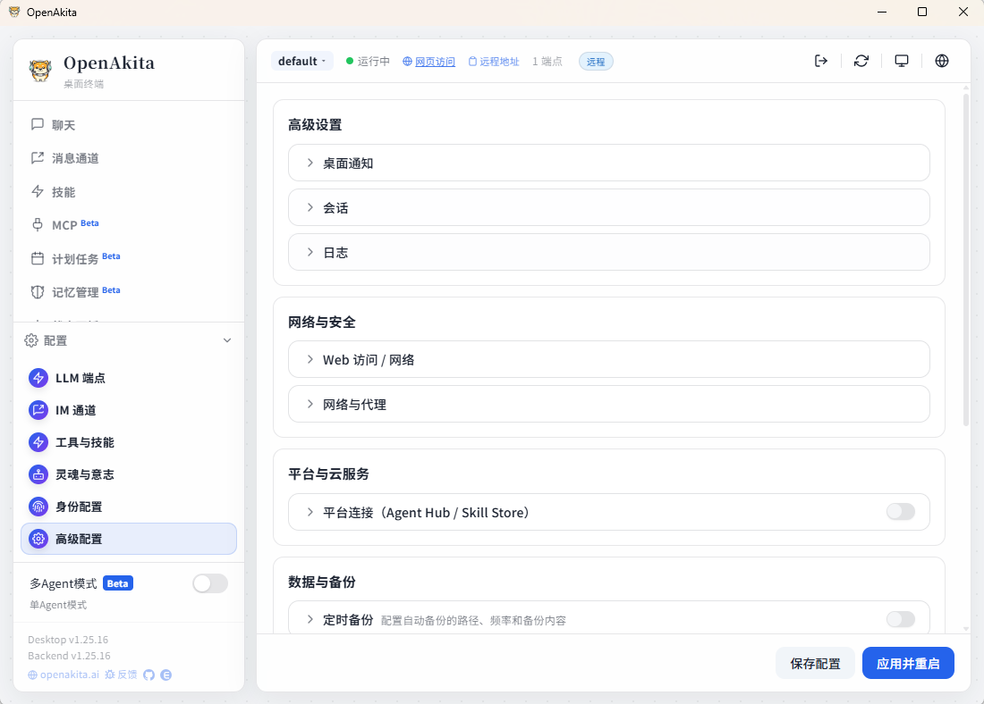 Agent 高级配置页面